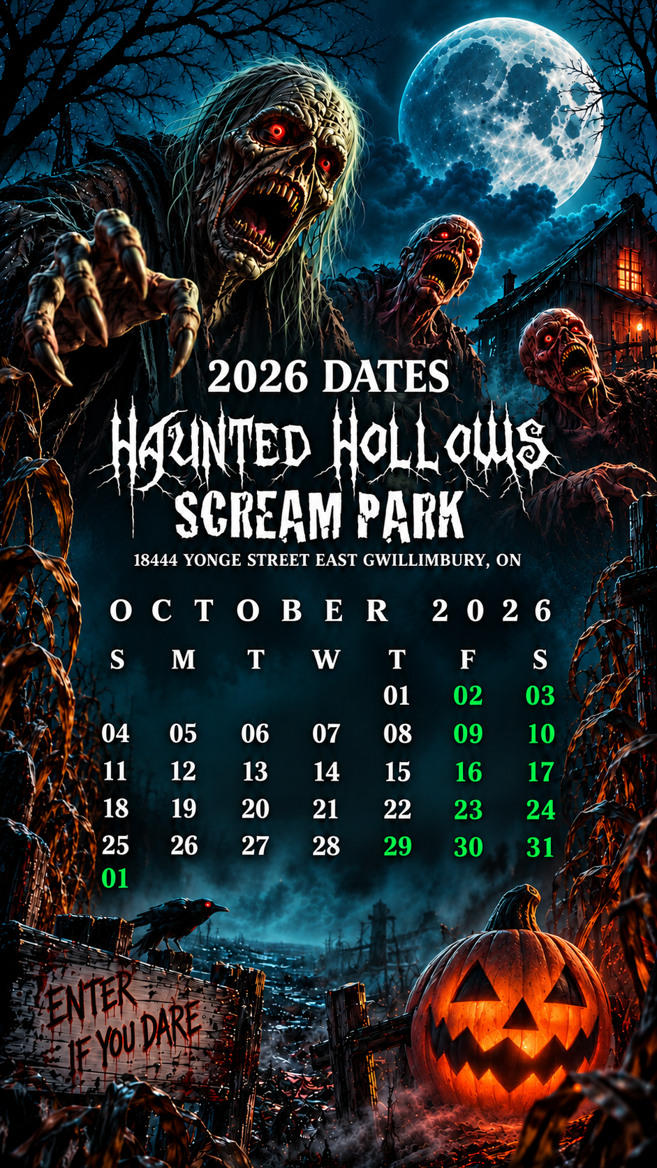 Haunted Hollows 2026 fall season calendar showing open dates
