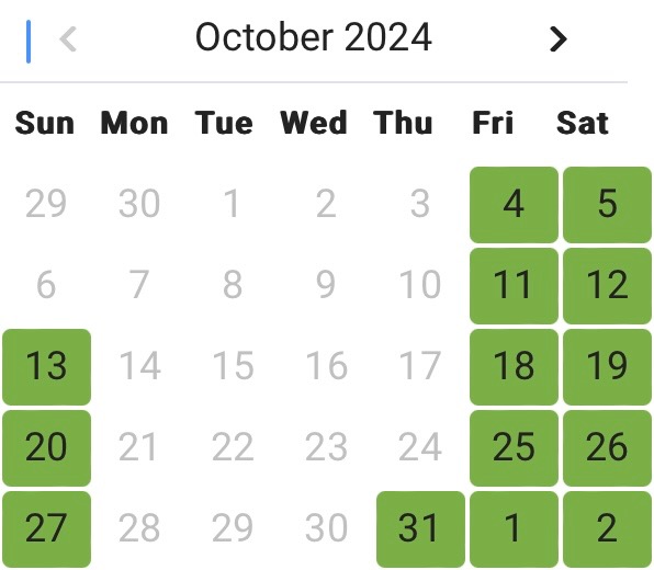 calendar showing haunted hollows screampark open dates