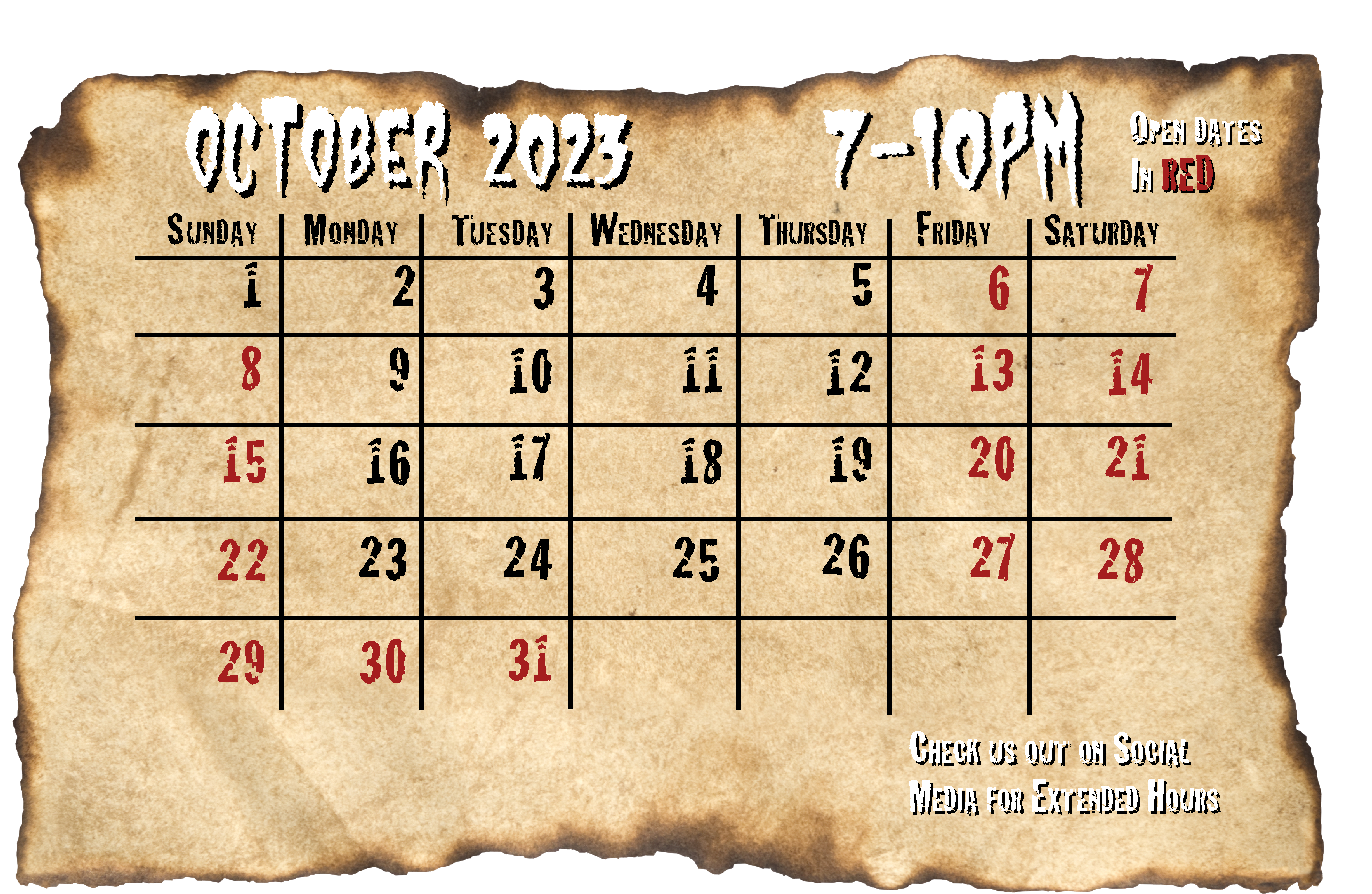 calendar showing haunted hollows screampark open dates