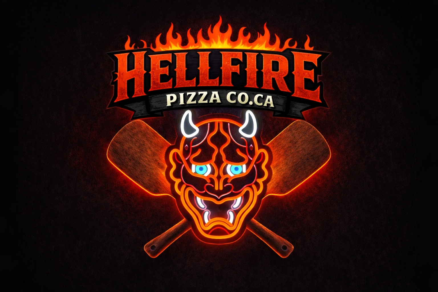 Hellfire Pizza Co logo with flames, devil face and crossed pizza paddles