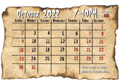 calendar showing haunted hollows screampark open dates